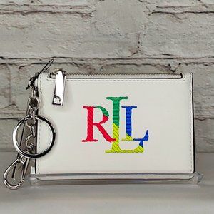 'RALPH LAUREN' 'KENDRA' LEATHER COIN & CARD CASE EMBROIDERED LOGO KEY CHAIN CLIP